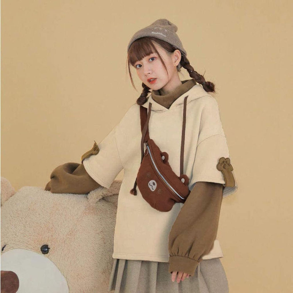 Women'S Fashion Brown Bear Hoodies, Winter plus Size Cute Comfy Color Block Long Sleeve Hooded Pullover Tops with Bag