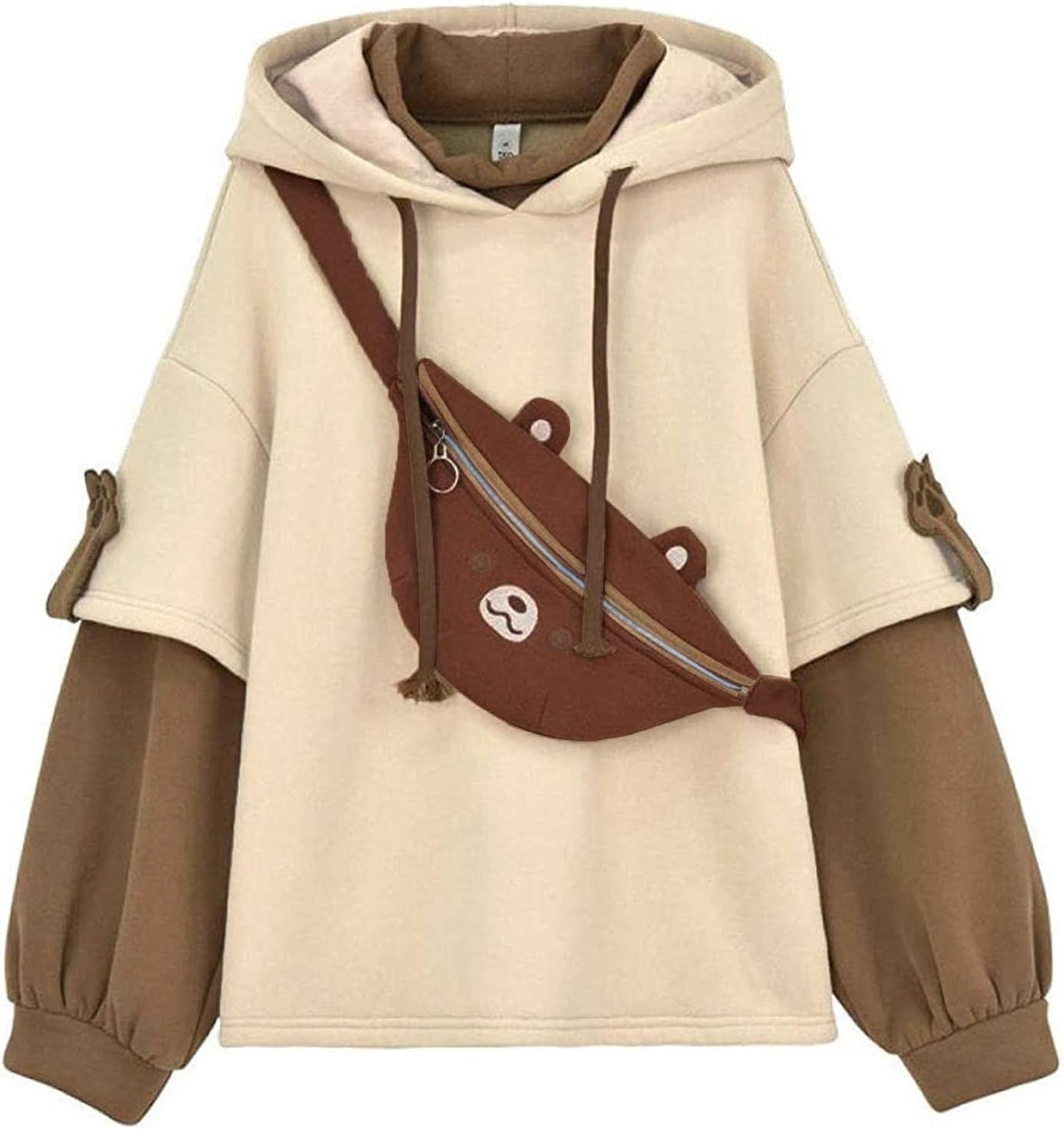Women'S Fashion Brown Bear Hoodies, Winter plus Size Cute Comfy Color Block Long Sleeve Hooded Pullover Tops with Bag