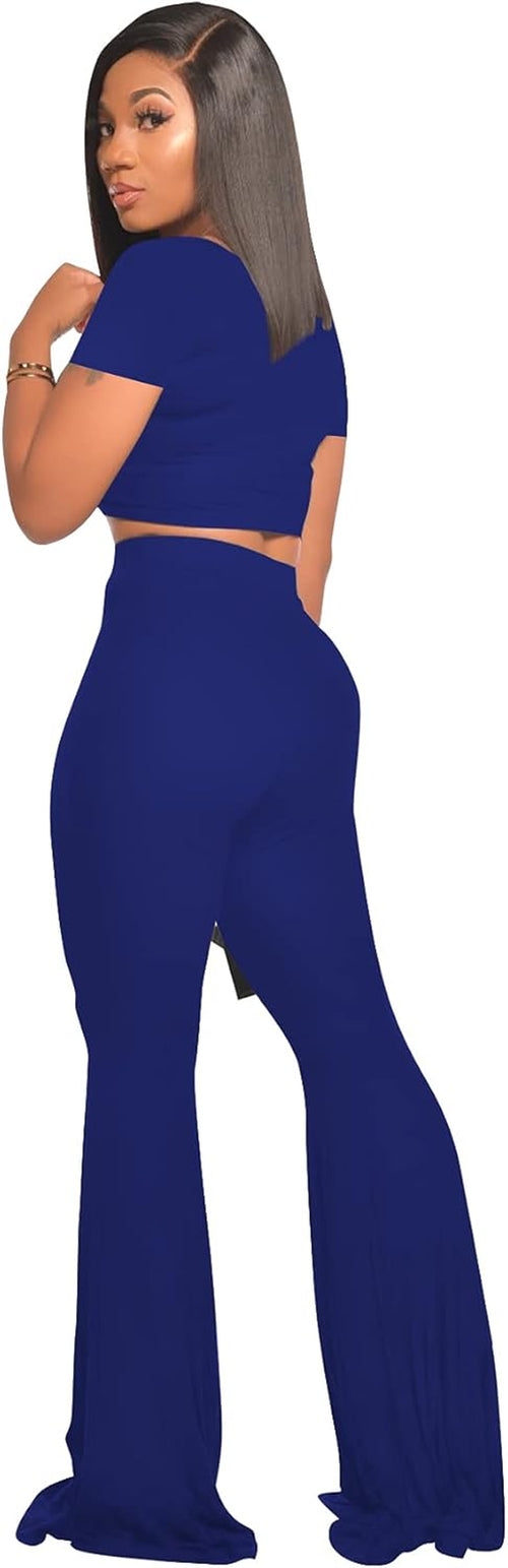 2 Piece Outfits for Women Workout Sets - Sexy Crop Top + High Waisted Flared Long Pant Sets Track Suits Yoga Sports