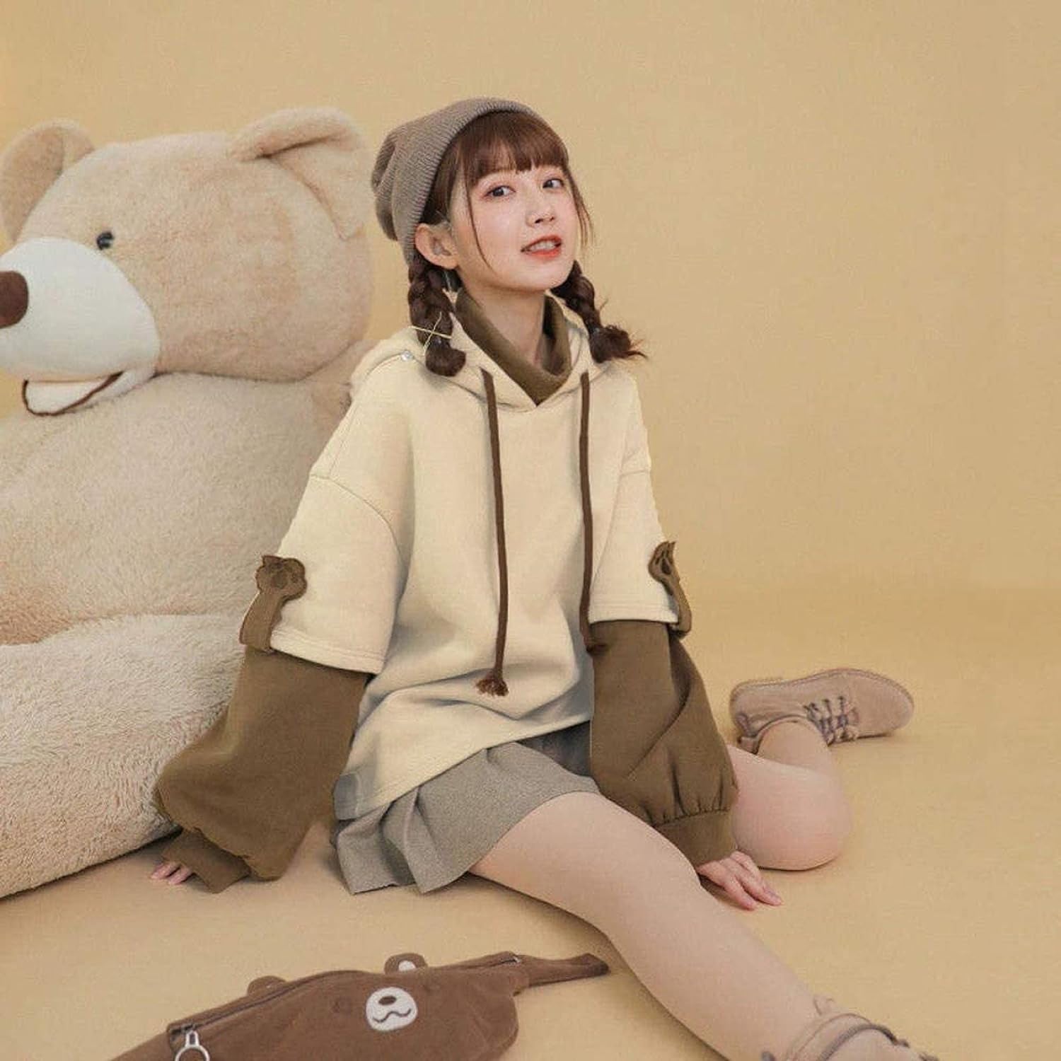 Women'S Fashion Brown Bear Hoodies, Winter plus Size Cute Comfy Color Block Long Sleeve Hooded Pullover Tops with Bag